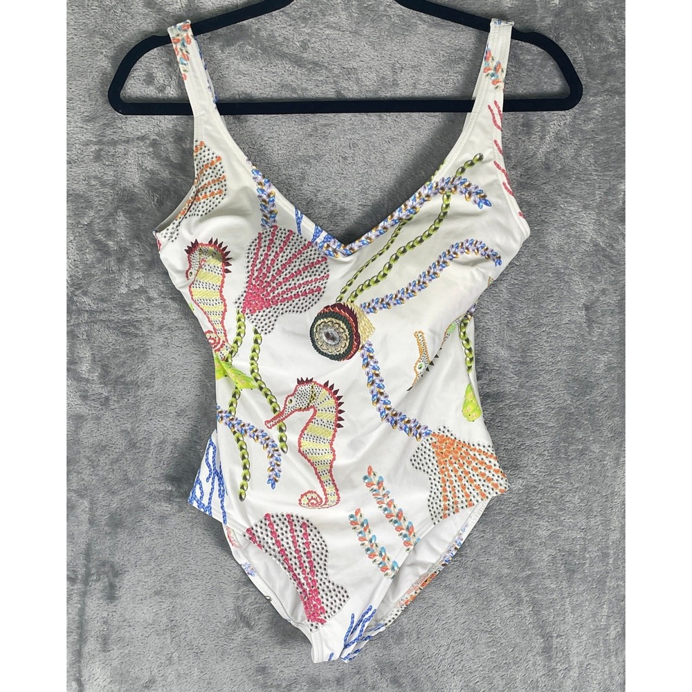 Kuny Barcelona One Piece Swimsuit Womens 8 White Multi Very Good Seahorse Coral